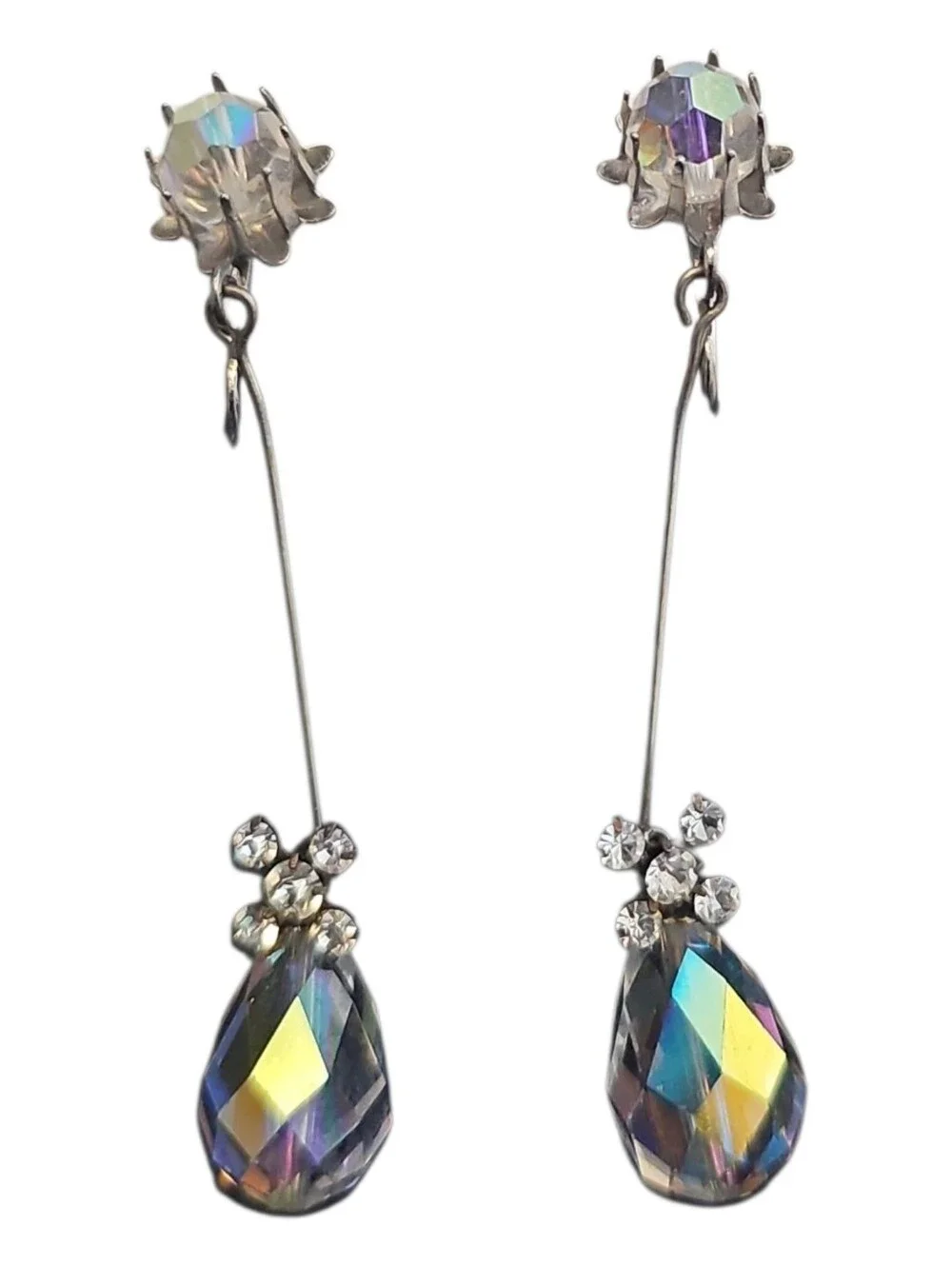 Vintage Clip On Crystal Drop Dangle Earrings - Aurora Clear